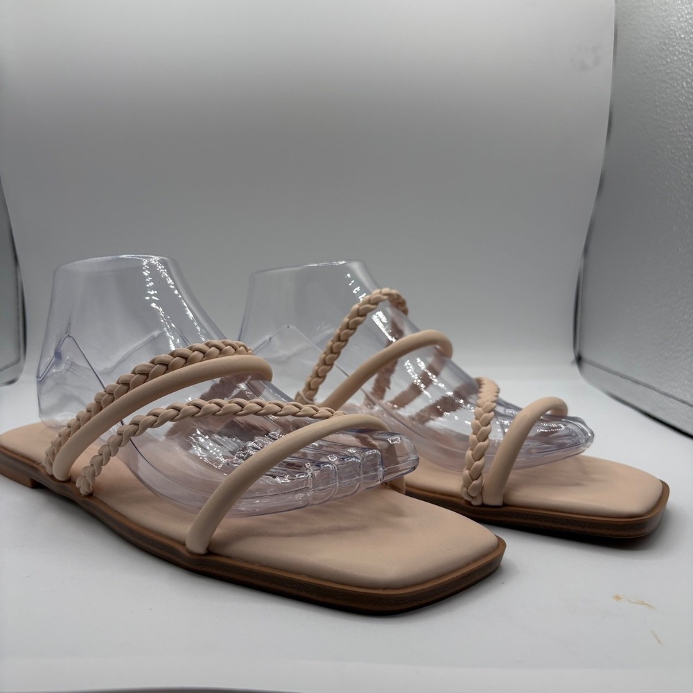 IDIFU Womens 9.5 Braided Strappy Flat Sandals Nude‎ Square Toe Summer Boho